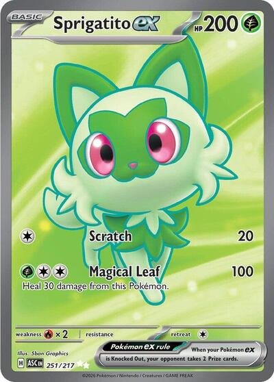 Pokémon card: Sprigatito ex 251/217 from Ascended Heroes (Ultra Rare), Grass type, front of card