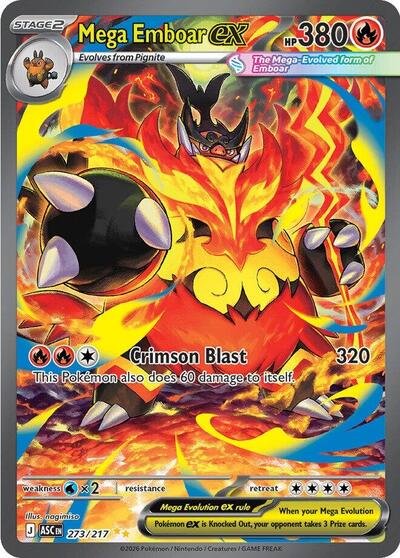 Pokémon card: Mega Emboar ex 273/217 from Ascended Heroes (Special Illustration Rare), Fire type, front of card
