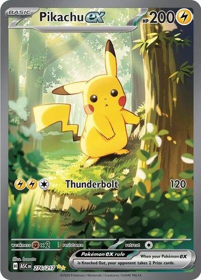 Pokémon card: Pikachu ex 276/217 from Ascended Heroes (Special Illustration Rare), Lightning type, front of card