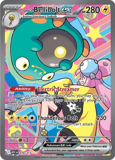 Pokémon card: Iono's Bellibolt ex 279/217 from Ascended Heroes (Special Illustration Rare), Lightning type, front of card