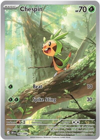Pokémon card: Chespin 087/086 from Chaos Rising (Illustration Rare), Grass type, front of card