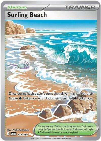Pokémon card: Surfing Beach 114/086 from Chaos Rising (Ultra Rare), front of card