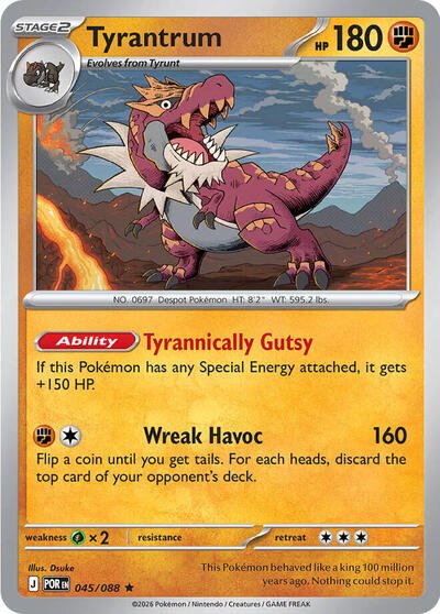 Pokémon card: Tyrantrum 045/088 from Perfect Order (Rare), Fighting type, front of card