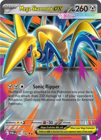 Pokémon card: Mega Skarmory ex 055/088 from Perfect Order (Double Rare), Metal type, front of card