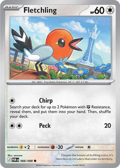 Pokémon card: Fletchling 066/088 from Perfect Order (Common), Colorless type, front of card