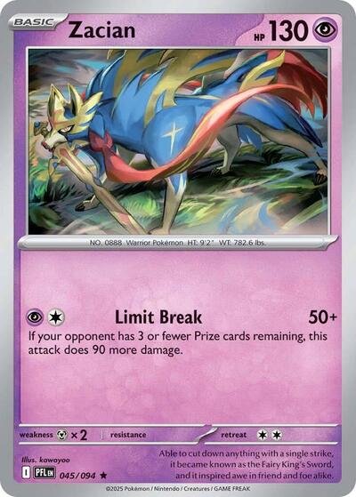 Pokémon card: Zacian 045/094 from Phantasmal Flames (Rare), Psychic type, front of card