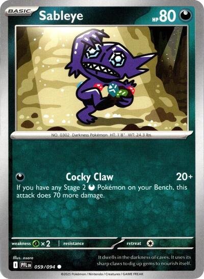 Pokémon card: Sableye 059/094 from Phantasmal Flames (Common), Darkness type, front of card
