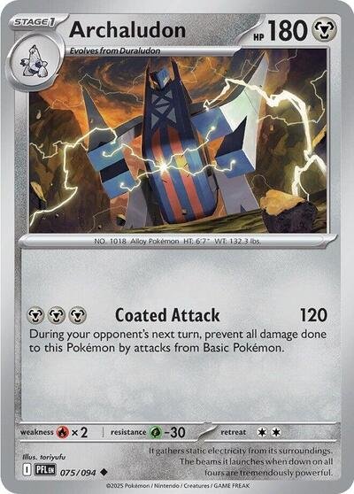 Pokémon card: Archaludon 075/094 from Phantasmal Flames (Uncommon), Metal type, front of card