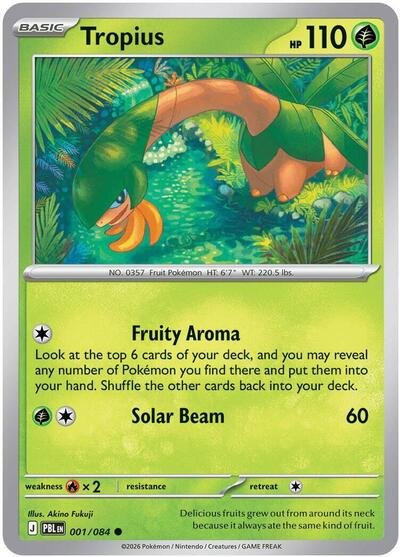 Pokémon card: Tropius 001/084 from Pitch Black (Common), Grass type, front of card