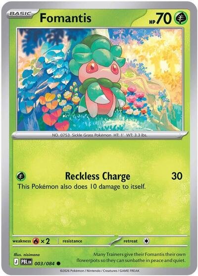 Pokémon card: Fomantis 003/084 from Pitch Black (Common), Grass type, front of card