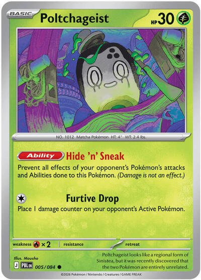 Pokémon card: Poltchageist 005/084 from Pitch Black (Common), Grass type, front of card