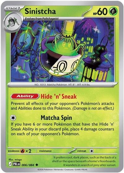 Pokémon card: Sinistcha 006/084 from Pitch Black (Uncommon), Grass type, front of card