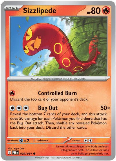Pokémon card: Sizzlipede 009/084 from Pitch Black (Common), Fire type, front of card