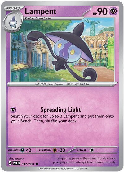 Pokémon card: Lampent 037/084 from Pitch Black (Uncommon), Psychic type, front of card