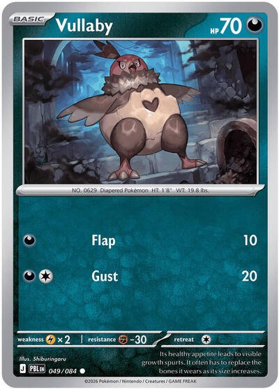 Pokémon card: Vullaby 049/084 from Pitch Black (Common), Darkness type, front of card