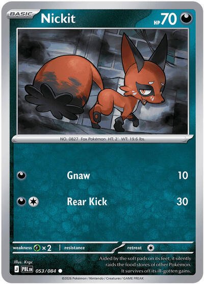 Pokémon card: Nickit 053/084 from Pitch Black (Common), Darkness type, front of card