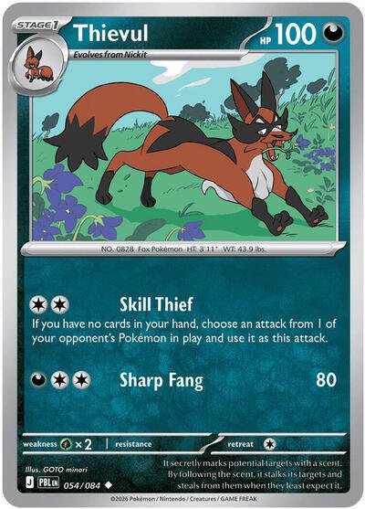 Pokémon card: Thievul 054/084 from Pitch Black (Uncommon), Darkness type, front of card