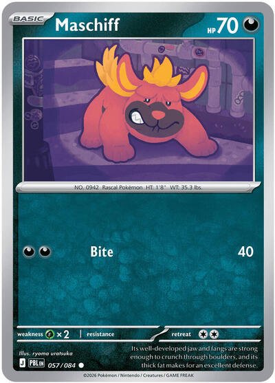 Pokémon card: Maschiff 057/084 from Pitch Black (Common), Darkness type, front of card