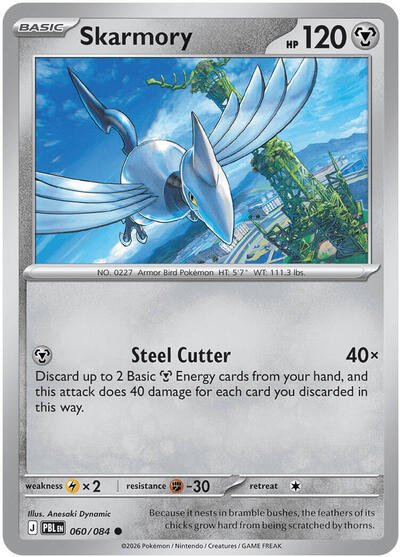 Pokémon card: Skarmory 060/084 from Pitch Black (Common), Metal type, front of card