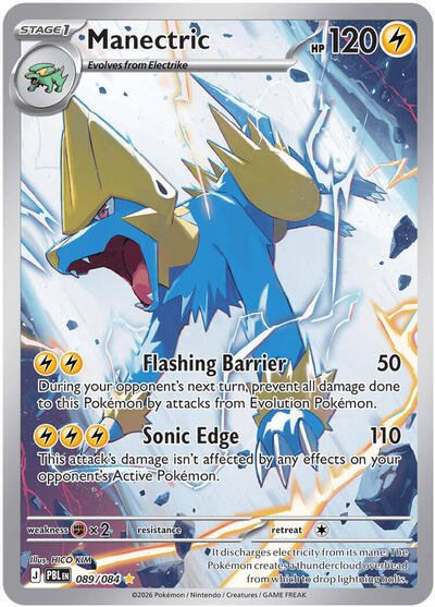 Pokémon card: Manectric 089/084 from Pitch Black (Illustration Rare), Lightning type, front of card