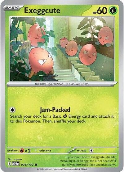 Pokémon card: Exeggcute 004/132 from Mega Evolution base set (Common), Grass type, front of card