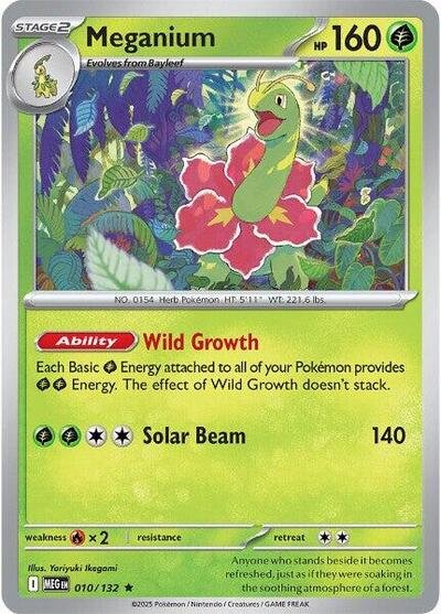 Pokémon card: Meganium 010/132 from Mega Evolution base set (Rare), Grass type, front of card