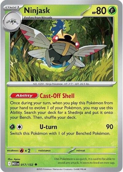 Pokémon card: Ninjask 017/132 from Mega Evolution base set (Uncommon), Grass type, front of card