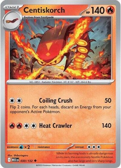 Pokémon card: Centiskorch 030/132 from Mega Evolution base set (Uncommon), Fire type, front of card