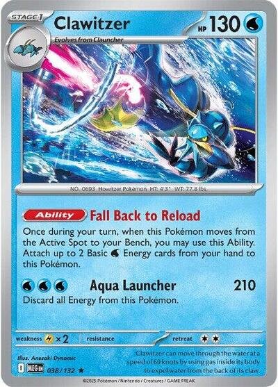 Pokémon card: Clawitzer 038/132 from Mega Evolution base set (Rare), Water type, front of card