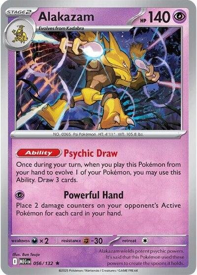 Pokémon card: Alakazam 056/132 from Mega Evolution base set (Rare), Psychic type, front of card