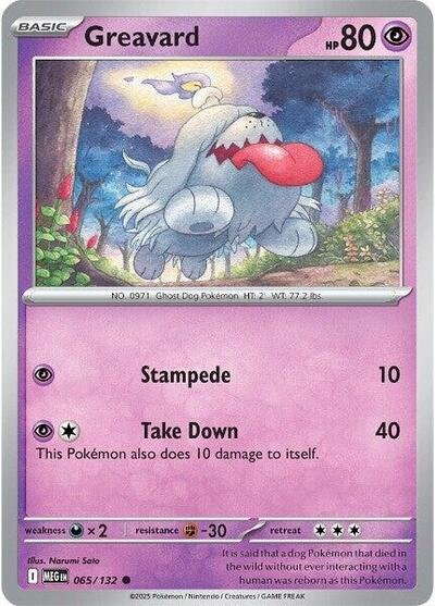Pokémon card: Greavard 065/132 from Mega Evolution base set (Common), Psychic type, front of card