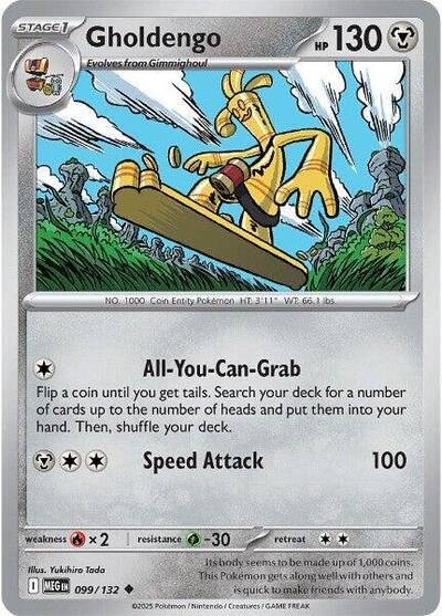Pokémon card: Gholdengo 099/132 from Mega Evolution base set (Uncommon), Metal type, front of card