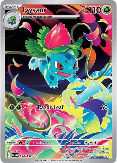 Pokémon card: Ivysaur 134/132 from Mega Evolution base set (Illustration Rare), Grass type, front of card