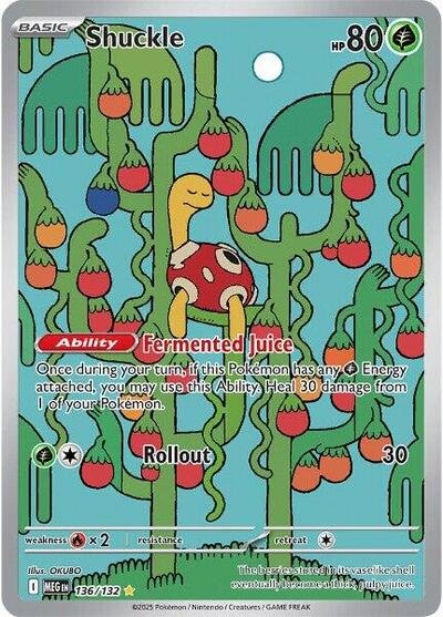 Pokémon card: Shuckle 136/132 from Mega Evolution base set (Illustration Rare), Grass type, front of card