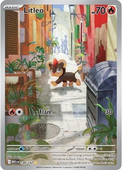 Pokémon card: Litleo 139/132 from Mega Evolution base set (Illustration Rare), Fire type, front of card