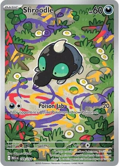 Pokémon card: Shroodle 149/132 from Mega Evolution base set (Illustration Rare), Darkness type, front of card