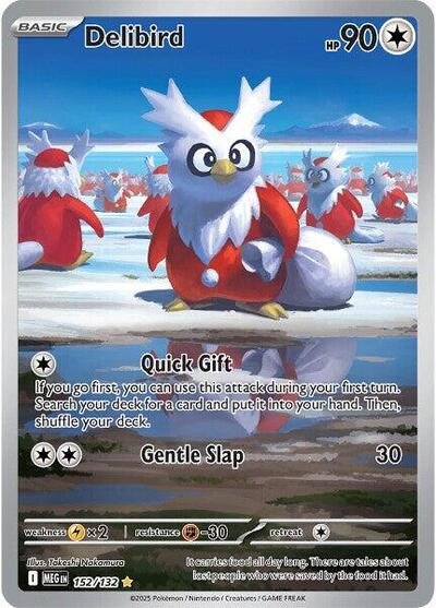 Pokémon card: Delibird 152/132 from Mega Evolution base set (Illustration Rare), Colorless type, front of card