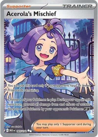 Pokémon card: Acerola's Mischief 165/132 from Mega Evolution base set (Ultra Rare), front of card