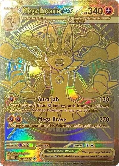 Pokémon card: Mega Lucario ex 188/132 from Mega Evolution base set (Mega Hyper Rare), Fighting type, front of card