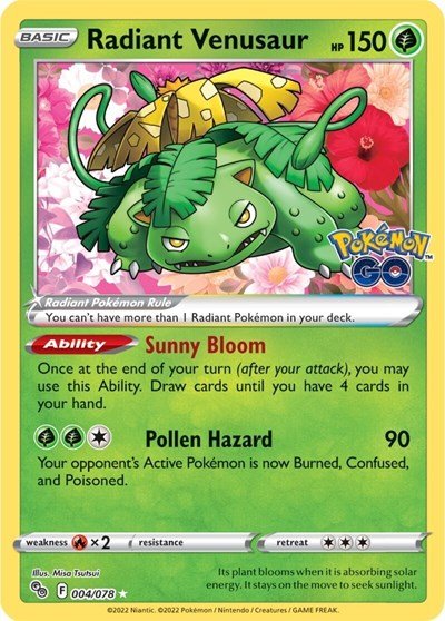 Pokémon card: Radiant Venusaur 004/078 from Pokemon GO (Radiant Rare), Grass type, front of card