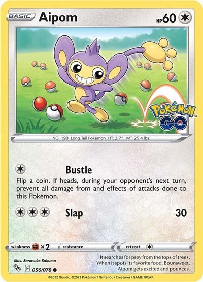 Pokémon card: Aipom 056/078 from Pokemon GO (Common), Colorless type, front of card