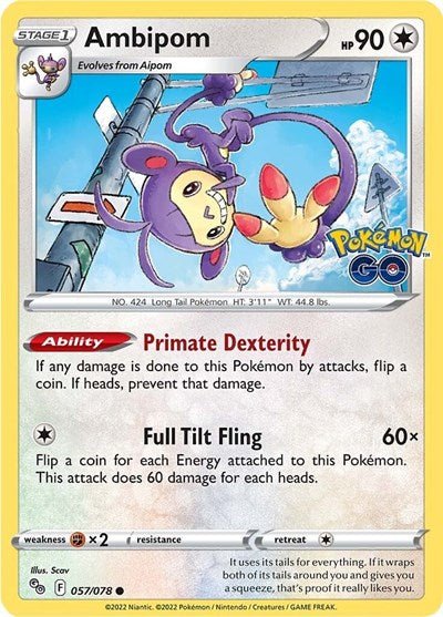 Pokémon card: Ambipom 057/078 from Pokemon GO (Common), Colorless type, front of card