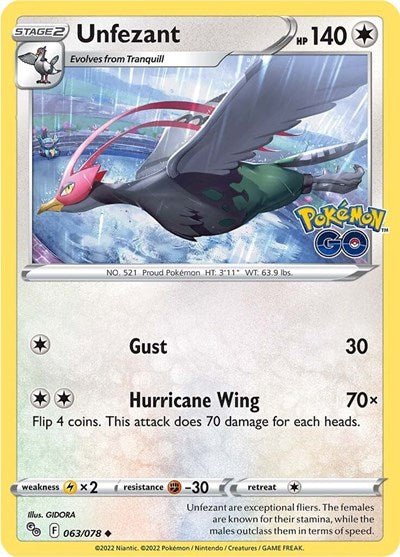 Pokémon card: Unfezant 063/078 from Pokemon GO (Uncommon), Colorless type, front of card
