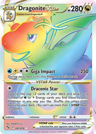 Pokémon card: Dragonite VSTAR 081/078 from Pokemon GO (Secret Rare), Dragon type, front of card