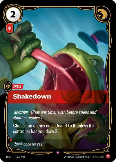 Riftbound card: Shakedown 033/298 from Origins (Rare), front of card