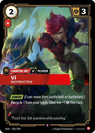 Riftbound card: Vi - Destructive 036/298 from Origins (Rare), front of card