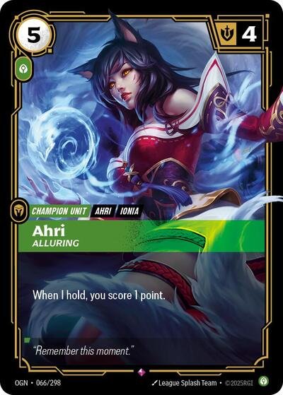 Riftbound card: Ahri - Alluring 066/298 from Origins (Rare), front of card
