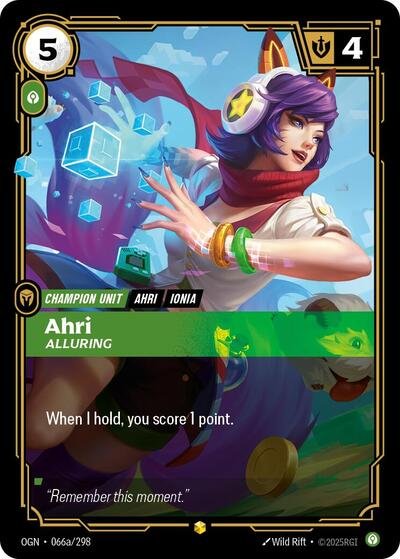 Riftbound card: Ahri - Alluring (Alternate Art) 066a/298 from Origins (Showcase), front of card