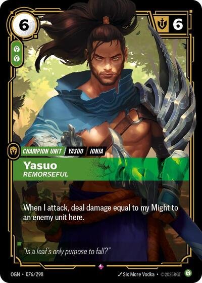 Riftbound card: Yasuo - Remorseful 076/298 from Origins (Rare), front of card