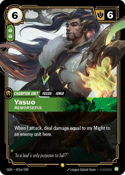 Riftbound card: Yasuo - Remorseful (Alternate Art) 076a/298 from Origins (Showcase), front of card